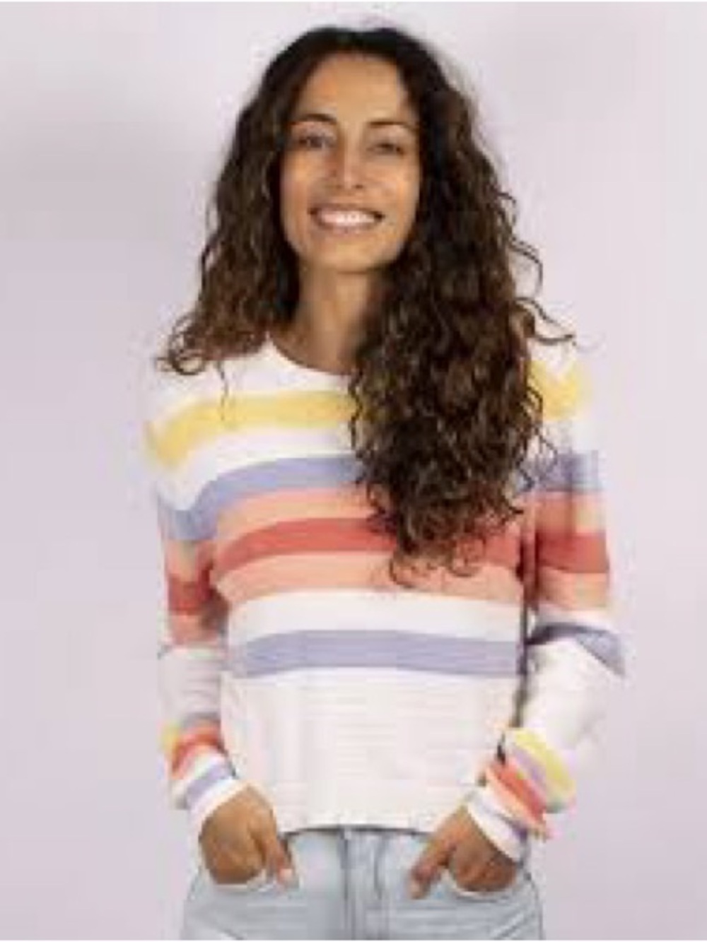 Rip Curl Women's White Crewneck Sweater with Yellow, Pink, Blue & Coral Stripes